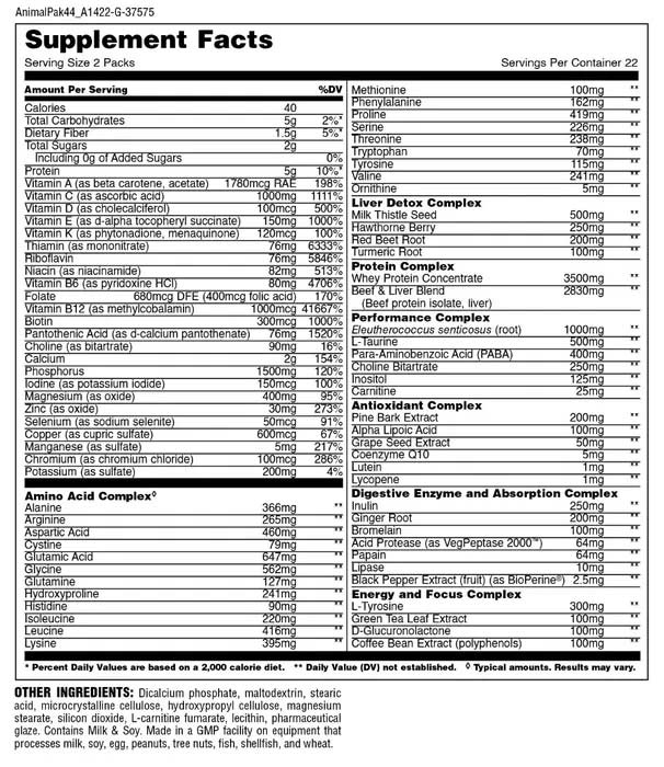 Animal Pak Multivitamin Supplement Facts