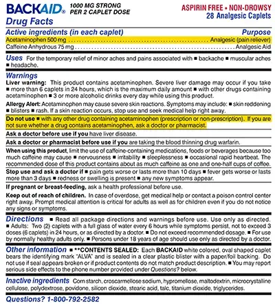 Backaid Max Supplements Facts