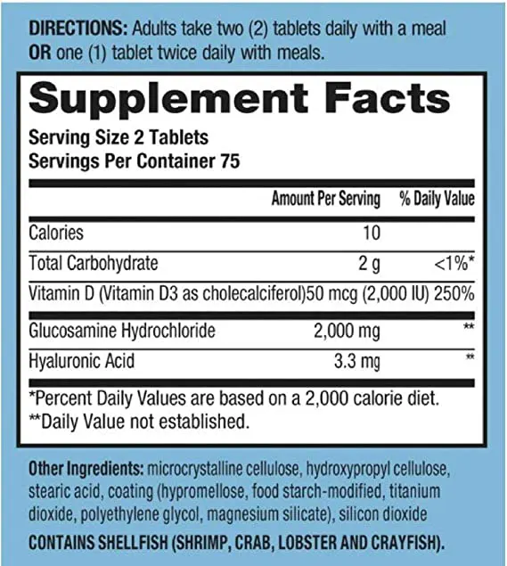 Informations nutritionnelles sur les compléments alimentaires de glucosamine, vitamine D3 et acide hyaluronique