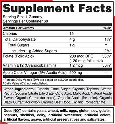 Goli Nutrition Apple Cider Vinegar Gummies Supplement Facts