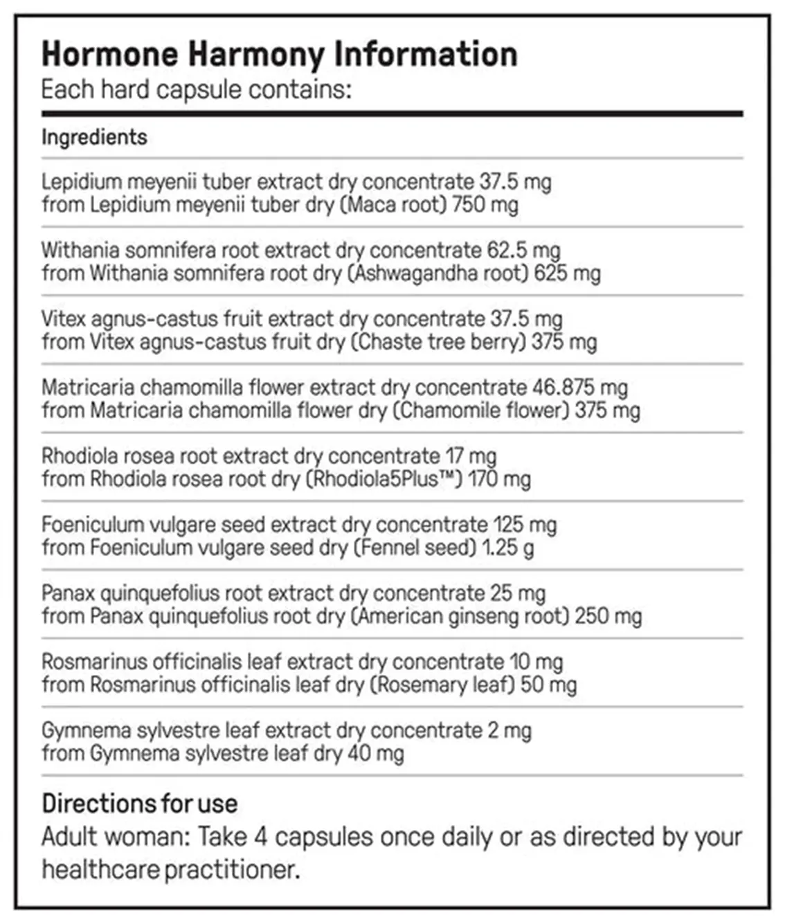 Informations nutritionnelles du complément alimentaire Hormone Harmony